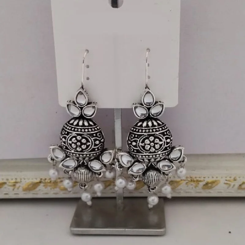 Sparkling Crystal Earrings-Tahura Oxidised Plated Kundan Stone And Pearls Dangler Earrings