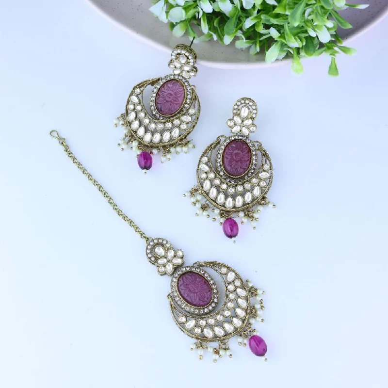 Black Crystal Earrings-Etnico Gold Plated Traditional Pearl Hanging Kundan Stone Chandbali Earring With Maang Tikka For Women/Girls (TE3027Pu)