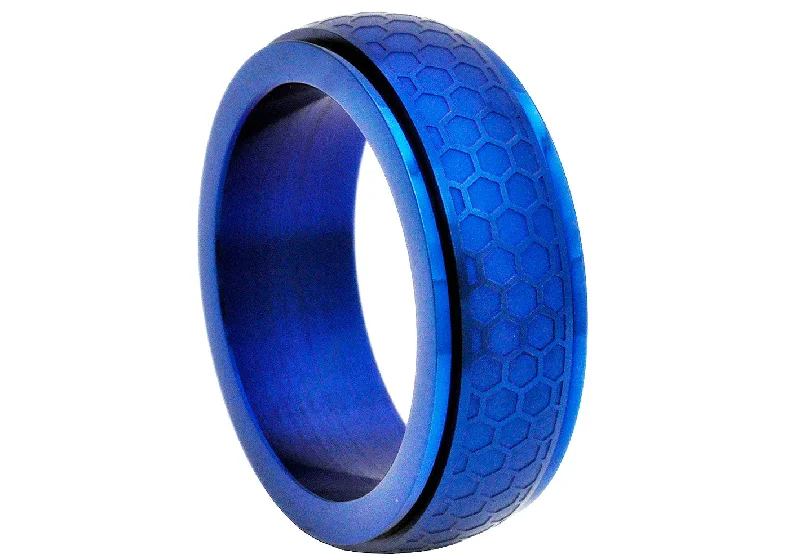 Custom Engagement Rings-Mens Blue Honey Comb Textured Stainless Steel Spinner Band