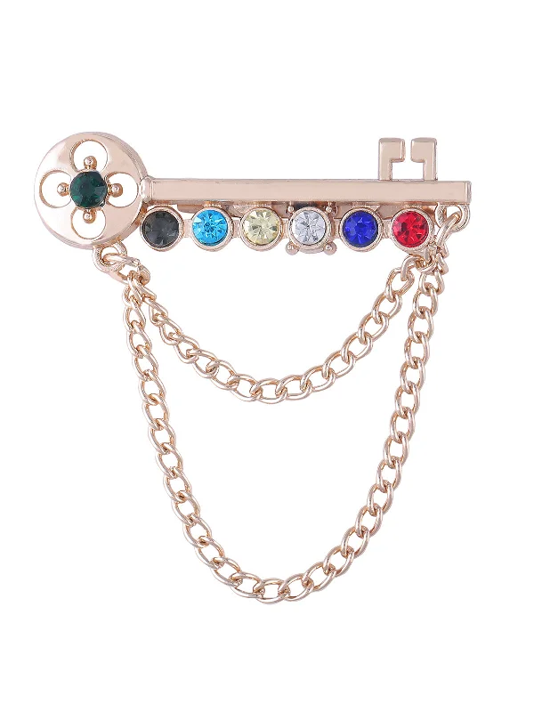 Unique Floral Gemstone Brooch-Key Shaped Multicolored Brooch with Chain Hanging