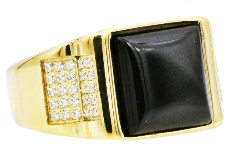 Large Statement Rings-Mens Genuine Onyx And Gold Stainless Steel Ring With Cubic Zirconia