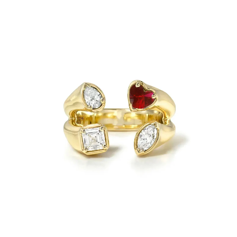 Gold Band Rings-Baby Harmony Diamond Ring with Ruby Heart