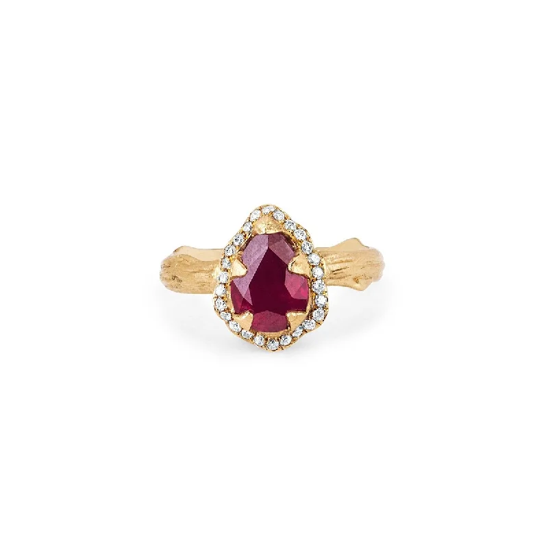 Classy Wedding Rings-Micro Queen Water Drop Natural Ruby Rose Thorn Ring with Full Pavé Diamond Halo