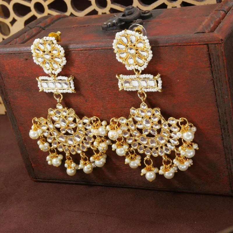 Elegant Gold Earrings-Etnico Gold Plated Kundan & Pearl Chandbali Earrings with Pear Earchain For Women (E2927W))