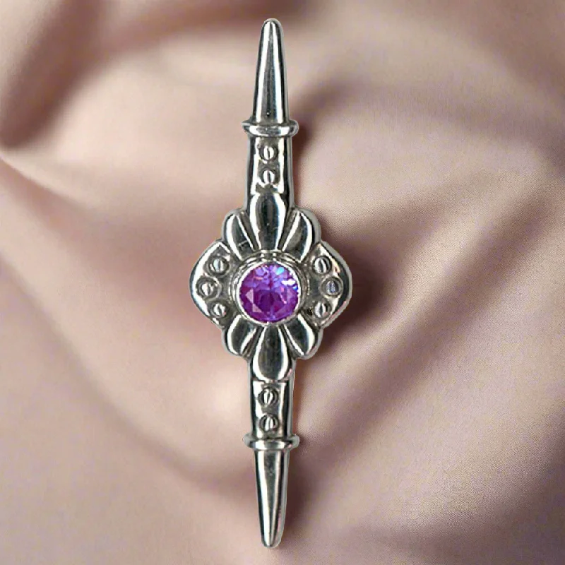 Handmade Vintage Brooch-Greek Traditional Flower brooch in Sterling Silver with Zircon (K-04)