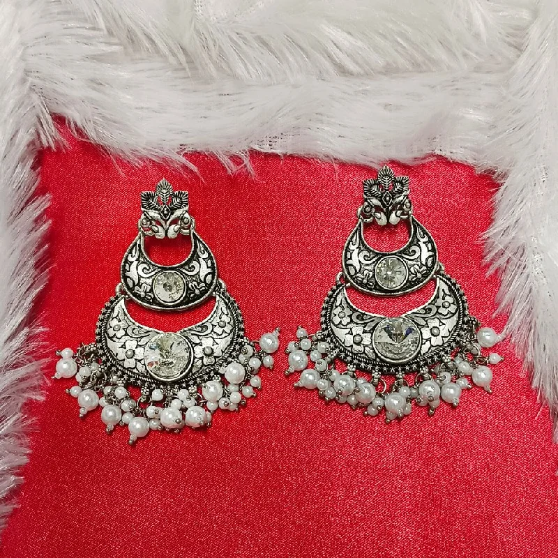 Vintage Pearl Earrings-Darshana Jewels Crystal Stone Silver Plated Dangler Earrings