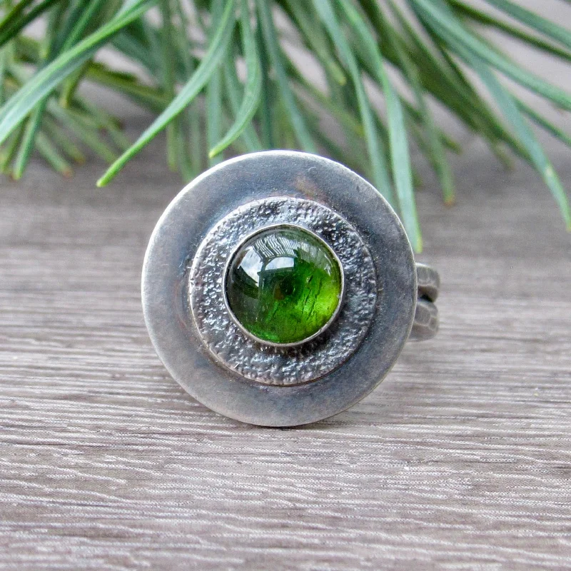 Unique Men's Wedding Bands-Circular Green Tourmaline Ring