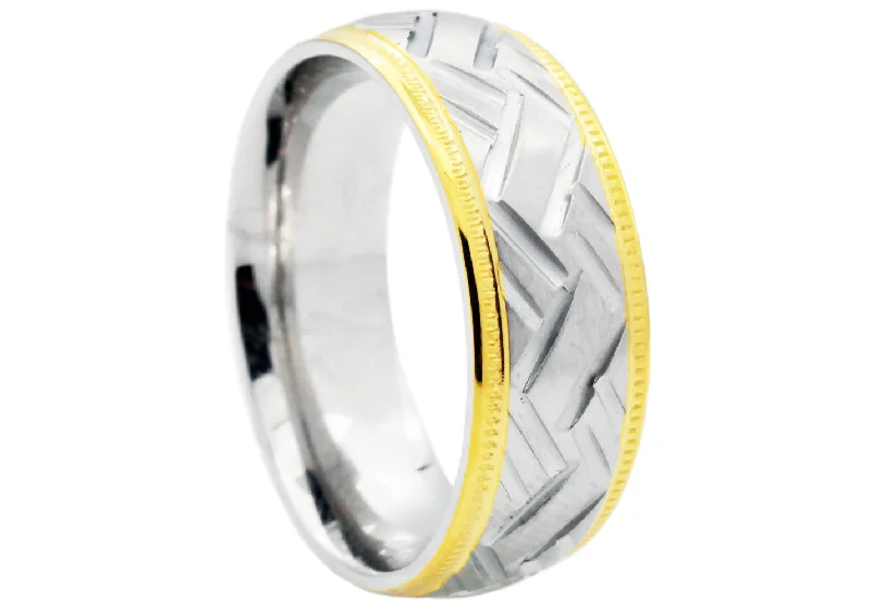 Emerald-Cut Diamond Rings-Mens Gold Stainless Steel Band