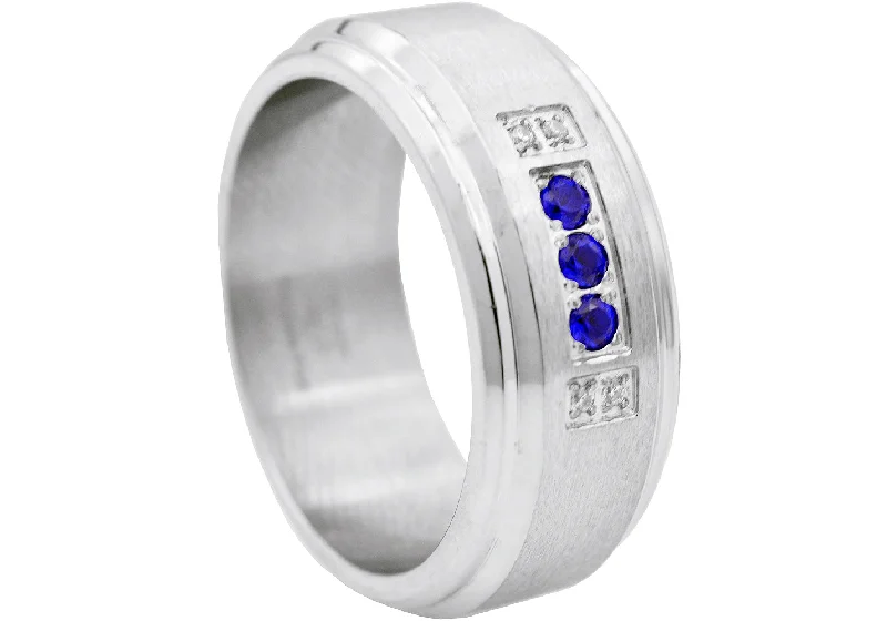 Fashion Rings for Teens-Mens Beveled Stainless Steel Band Ring With White And Blue Cubic Zirconia