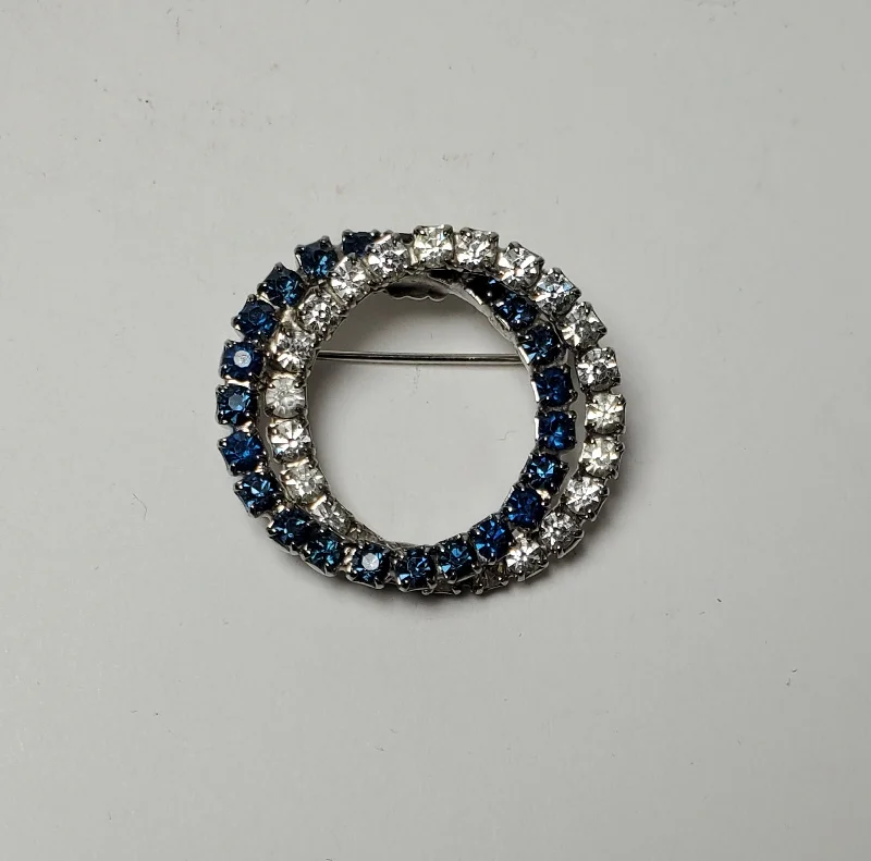 Elegant Brooch with Mixed Gemstones-Vintage Silver Hoops Brooch with Clear and Blue Crystals