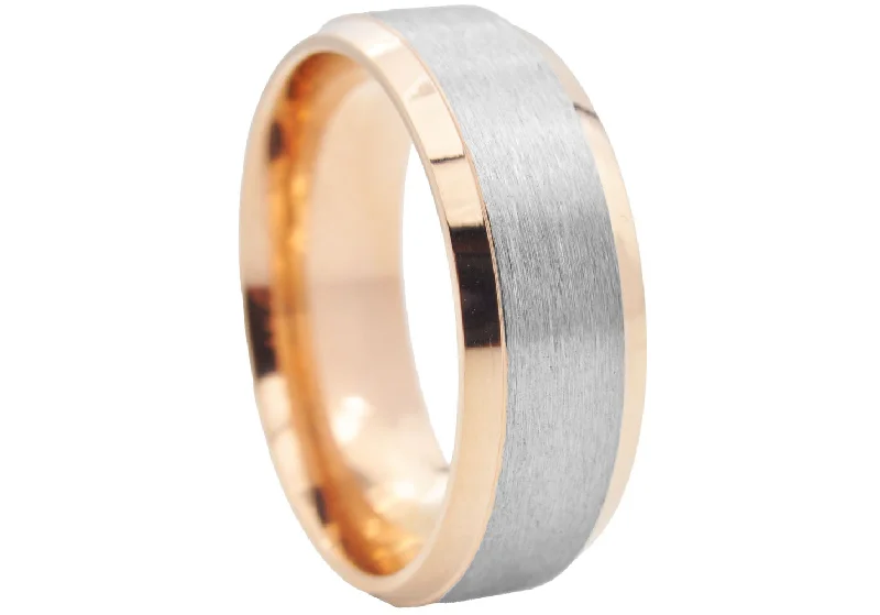 Stylish Couple Rings-Mens Rose Plated Brushed Stainless Steel 8mm Band