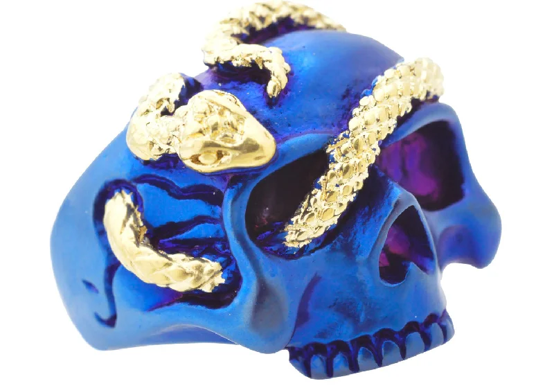 Oval Diamond Rings-Mens Blue And Gold Stainless Steel Skull And Snake Ring