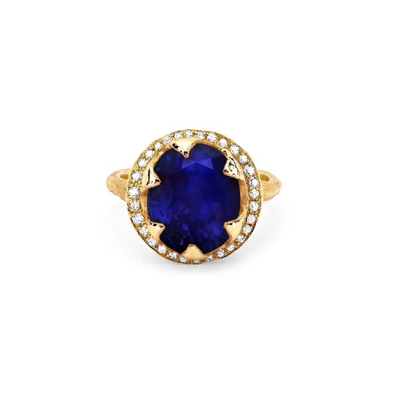 Custom Birthstone Rings-Queen Oval Sapphire Ring with Full Pavé Diamond Halo