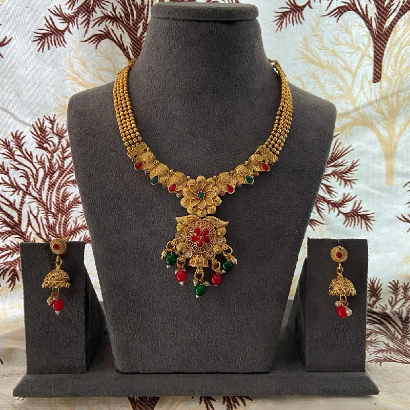 Retro Style Necklaces-India Art Gold Plated Pota Stone And Beads Necklace Set