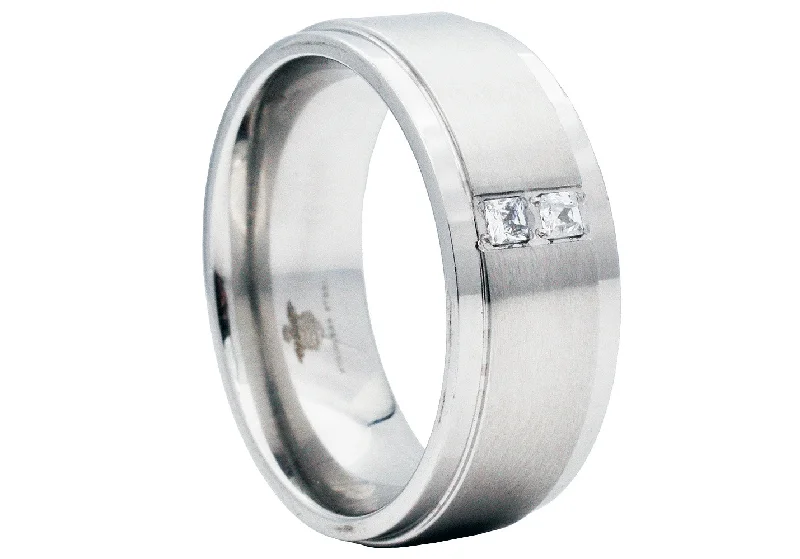 Simple Promise Rings-Mens 9mm Brushed Stainless Steel Ring With Cubic Zirconia