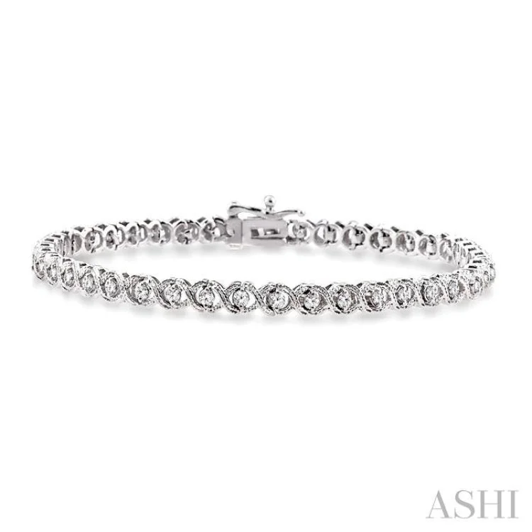 Custom Stone Bracelets-1 Ctw Round Cut Diamond X & O Link Bracelet in 10K White Gold