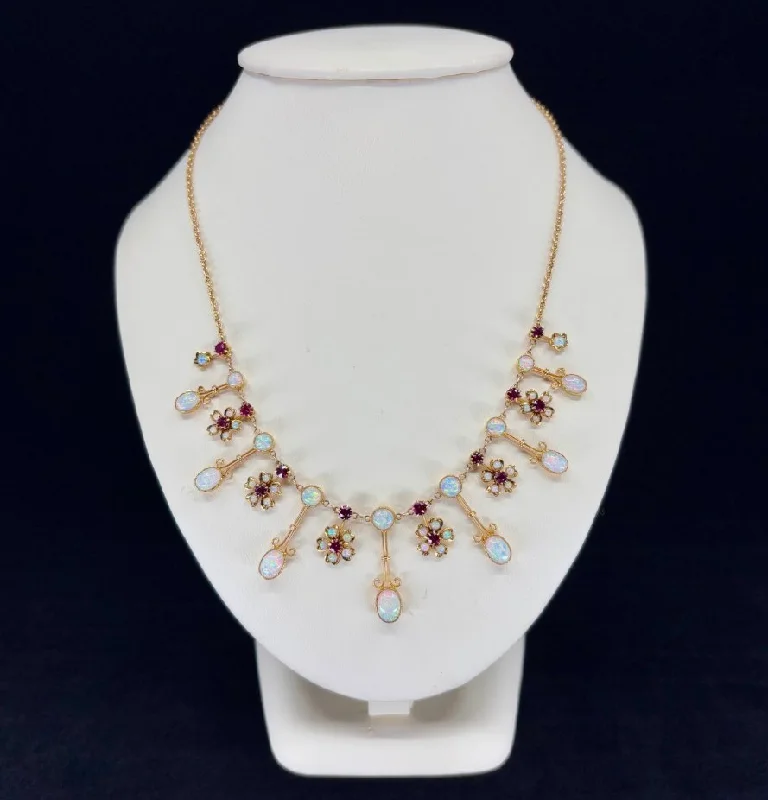 Gold-Plated Choker Necklaces-Antique Victorian Opal and Ruby Gold Fringe Necklace