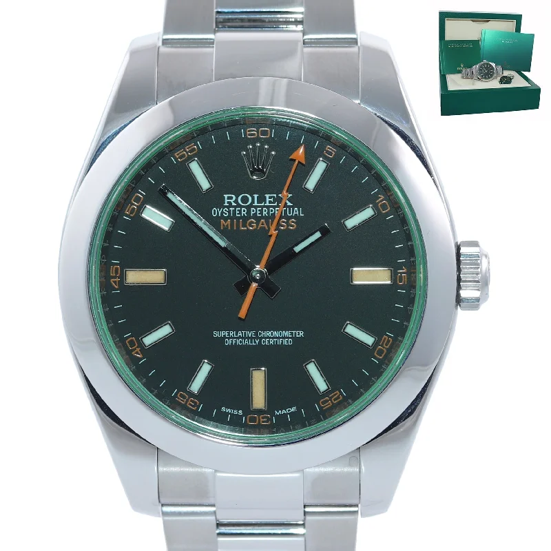 Stainless Steel Watches for Men-Rolex Milgauss Green Anniversary 116400 GV Steel Black Green Watch Box