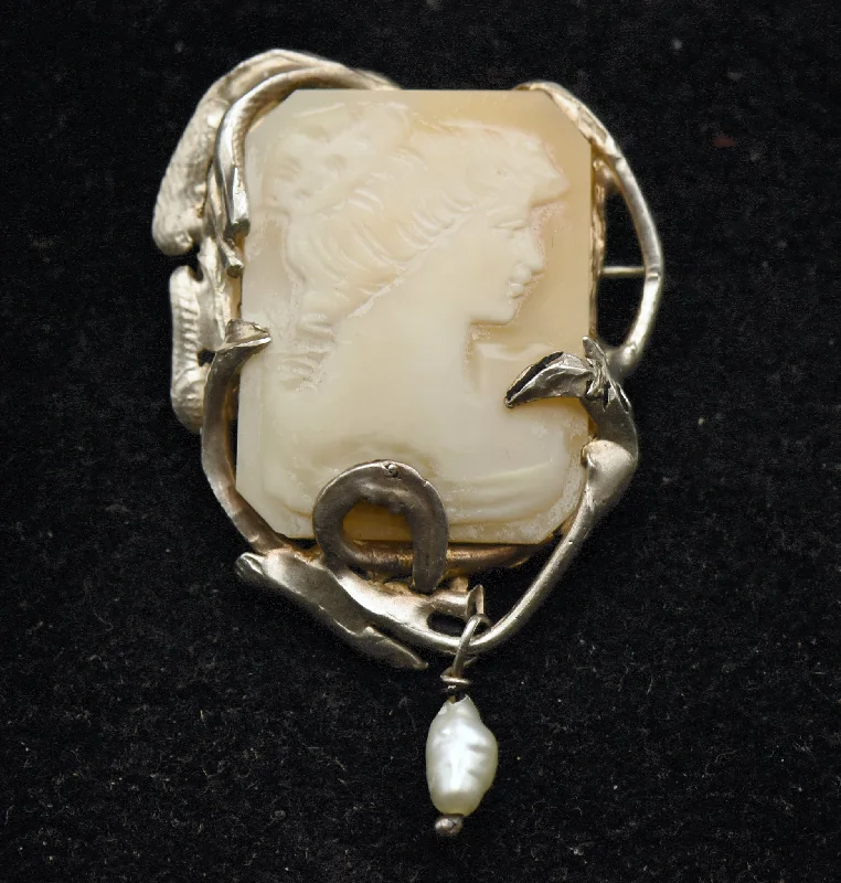 Custom Brooch for Formal Occasions-Vintage 10k White Gold Handmade Cameo Brooch/Pendant