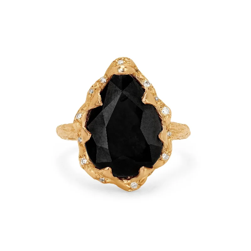 Antique Gold Rings-Queen Water Drop Onyx Ring with Sprinkled Diamonds