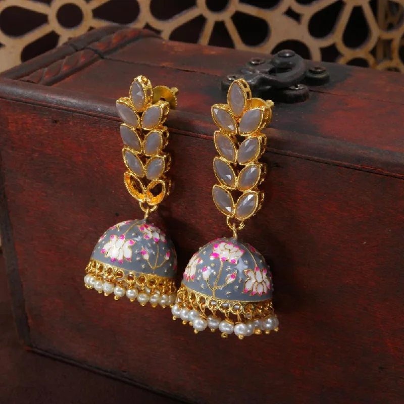 Affordable Silver Earrings-Etnico Gold Plated Meenakari Leaf Shaped Pearl Drop Jhumka Earrings For Women (E2922Gr)