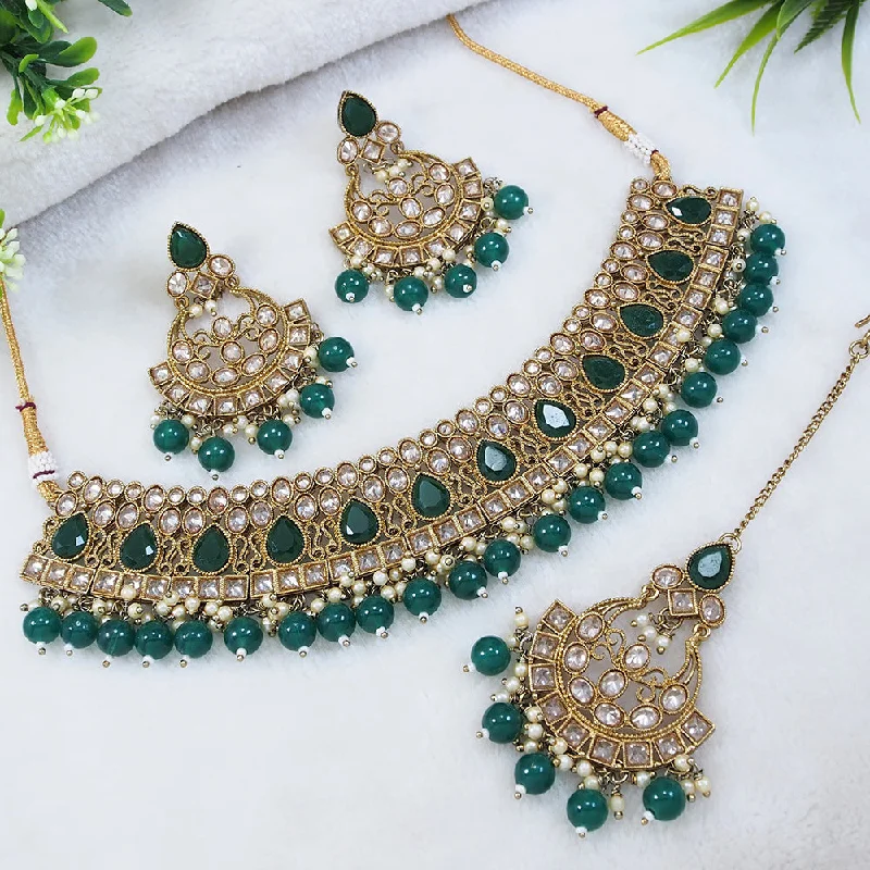 Simple Chain Necklaces-LALSO Designer Mehendi Gold plated AD/Zircon Work Necklace Jewelry Set With Maangtika