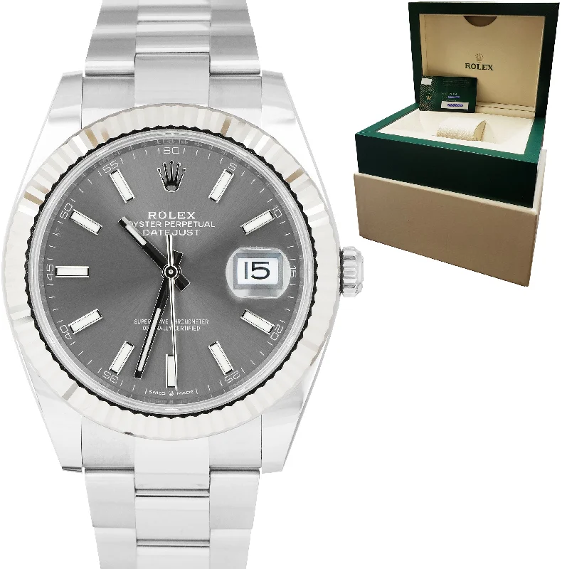 Men’s Watches with Date Feature-2021 Rolex DateJust 41 Rhodium Slate Fluted Stainless Oyster Watch 126334 B+P