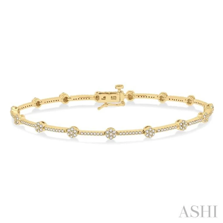 Trendy Crystal Bracelets-1 Ctw Cluster Round Cut Diamond Bar Link Bracelet in 10K Yellow Gold