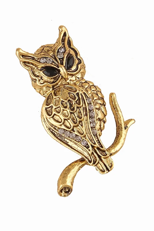 Retro Brooch with Abstract Design-Antique Gold Colour Diamond Owl Luxury Bird Brooch Pin