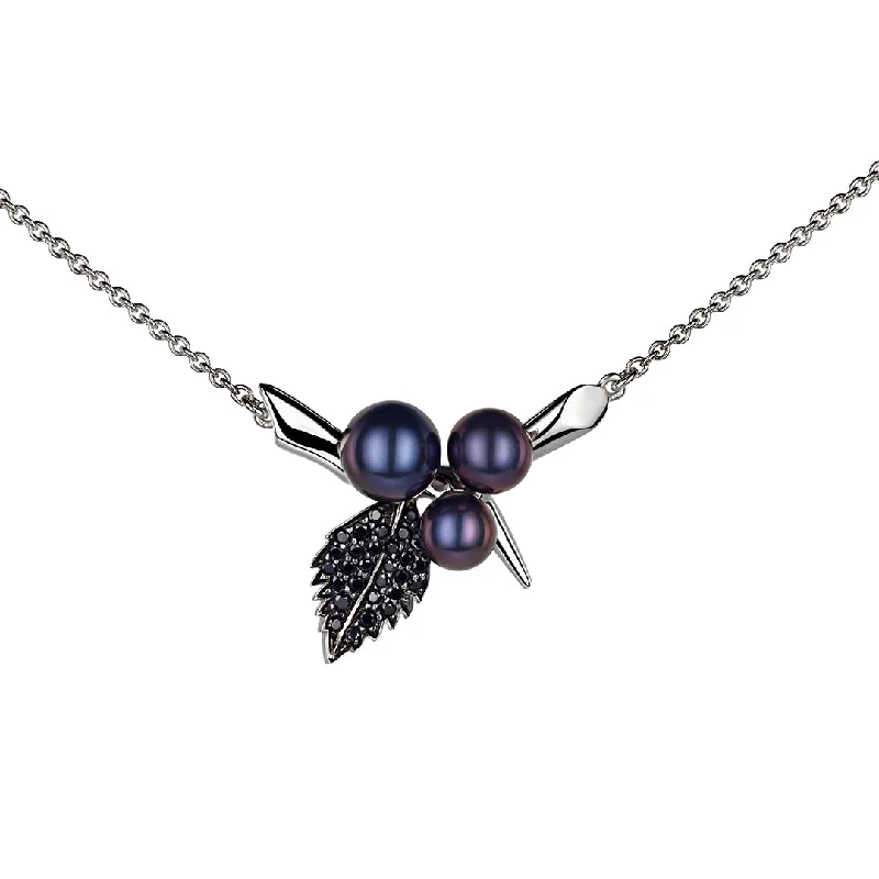 Multi-Colored Bead Necklaces-Blackthorn Triple Pearl Leaf Pendant - Silver, Black Spinel & Black Pearl