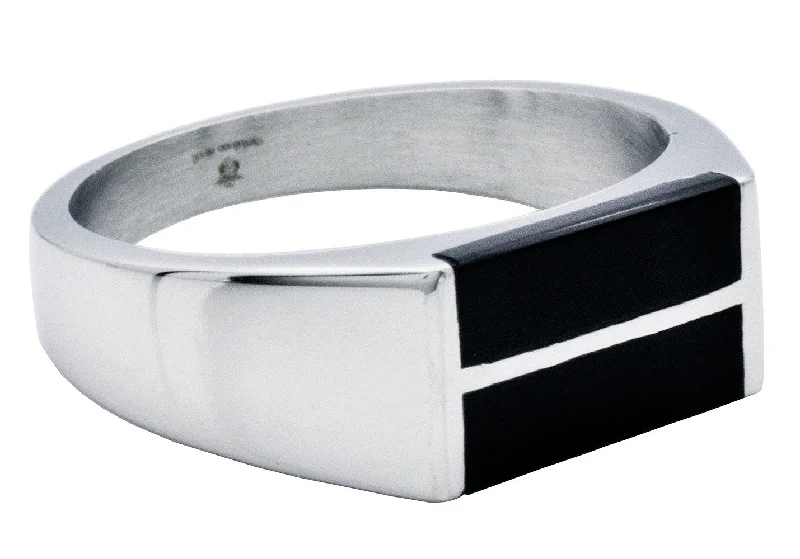 Stylish Gemstone Rings-Men's Stainless Steel Bar Ring With Genuine Onyx Stones