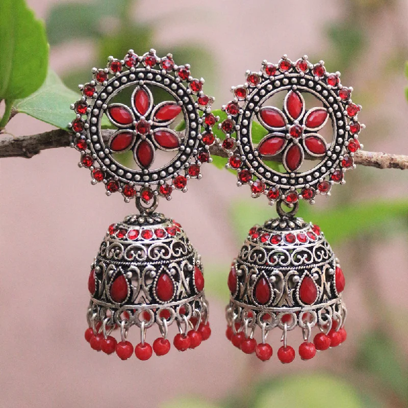 Beaded Hoop Earrings-H K Fashion Oxidised Plated Pota Stone  Jhumki Earrings