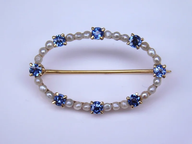 Retro Brooch with Rhinestone Detailing-14K EDWARDIAN SAPPHIRE & PEARL BROOCH