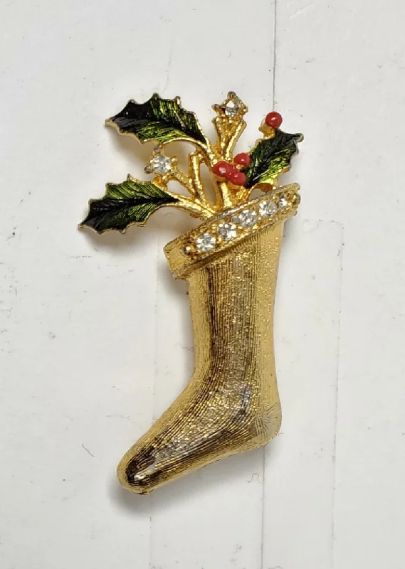 Fashionable Custom Brooch for Gifts-Vintage Gold Tone Christmas Stocking Brooch