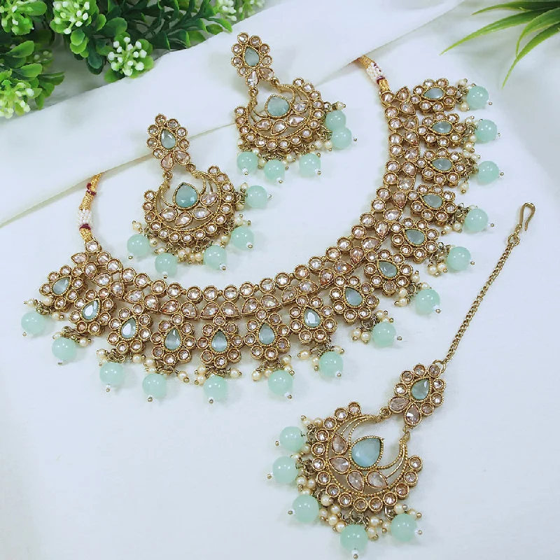 Pearls and Diamonds Necklaces-LALSO Stunning Mehendi Gold plated AD/Zircon Work Necklace Jewelry Set With Maangtika