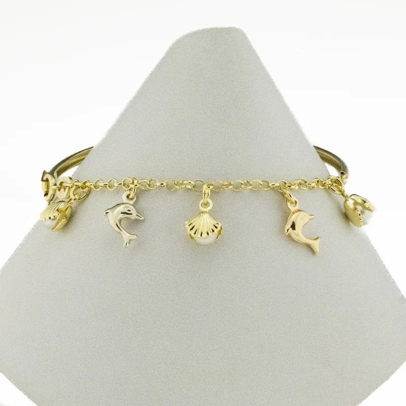 Unique Adjustable Bracelets-Sea Life Pearl 7" Bangle Bracelet in 18K Tri -one Gold