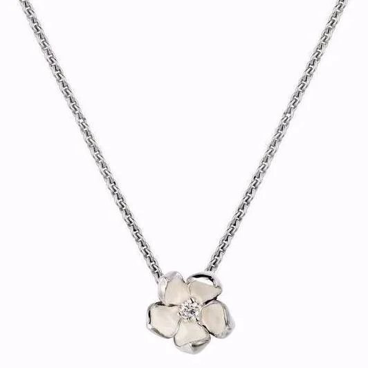 Natural Gemstone Pendant Necklaces-Cherry Blossom Flower Pendant - Silver & Diamond