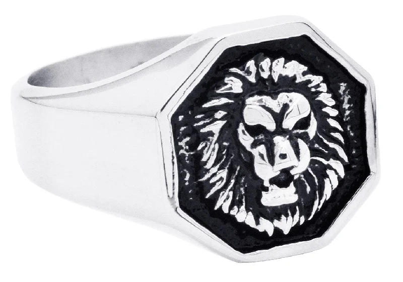 Luxury Ruby Rings-Mens Two-Toned Black Stainless Steel Lion Ring