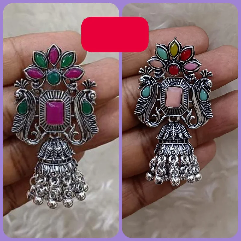 Luxury Diamond Earrings-Abhinandan Oxodised Plated Pota Stone And Ghungroo Jhumki Earrings (Assorted Color)