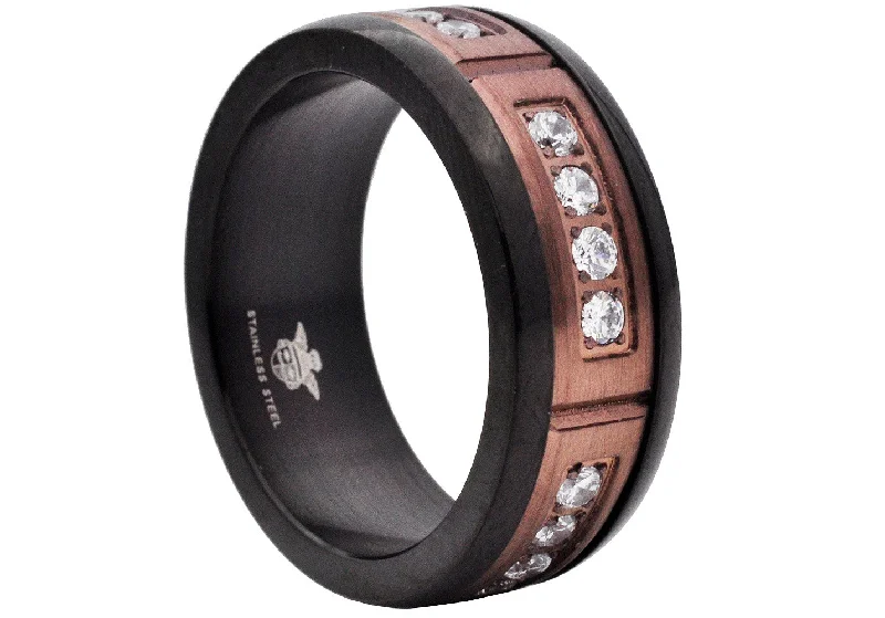 Men's Silver Wedding Bands-Mens 8mm Two-Tone Chocolate and Black Stainless Steel Ring With Cubic Zirconia