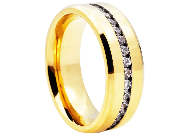 Personalized Infinity Rings-Mens Gold Stainless Steel Eternity Band Ring With Cubic Zirconia