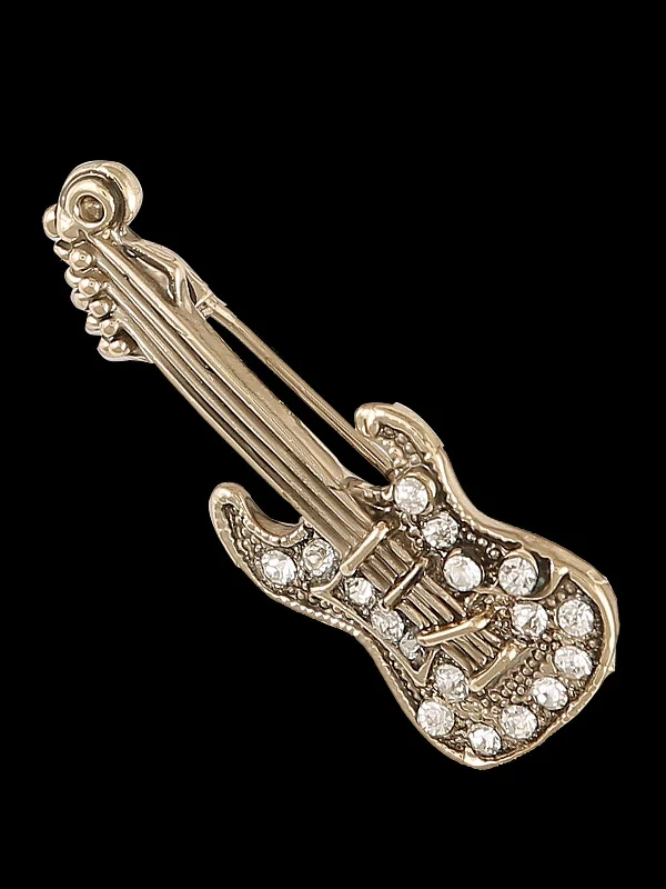 Classic Floral Brooch for Women-Clear Crystal Guitar Brooch Pin In Antique Gold & Antique Silver Tone finish