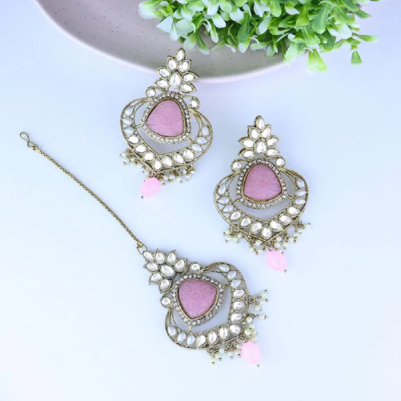 Gemstone Drop Earrings-Etnico Gold Plated Traditional Pearl Hanging Kundan Stone Chandbali Earring With Maang Tikka For Women/Girls(TE3031Pi)