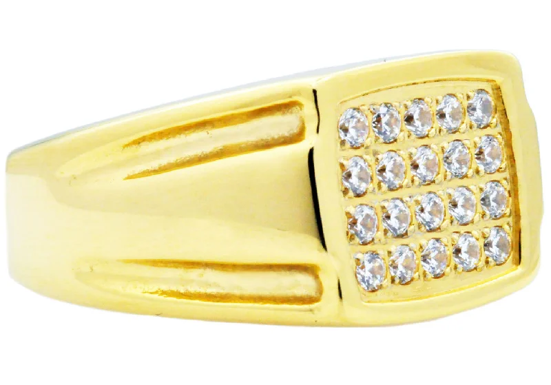 Bold Gold Rings-Mens Gold Stainless Steel Ring With Cubic Zirconia