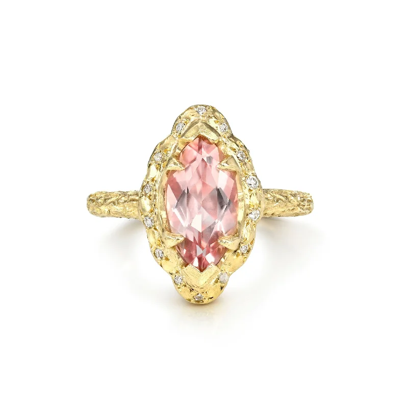 Colored Gemstone Rings-Baby Marquise Morganite Queen Ring with Sprinkled Diamonds