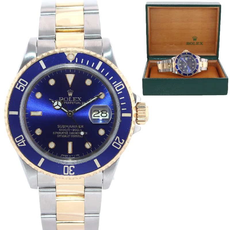 Retro Style Digital Watches-Rolex Submariner 16613 Two Tone Steel 18k Yellow Gold Blue Dial 40mm Dive Watch