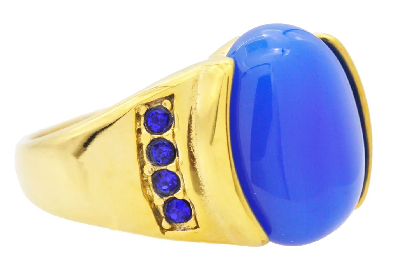 Handmade Gold Rings-Mens Genuine Blue Agate And Gold Stainless Steel Ring With Blue Cubic Zirconia