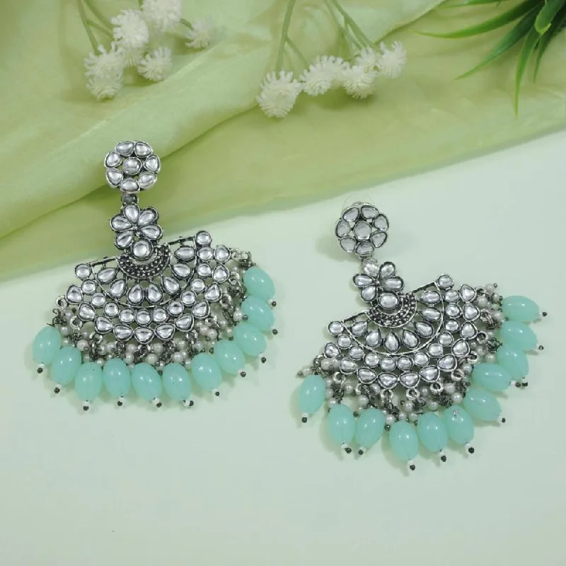 Wedding Party Earrings-Etnico Silver Oxidised Kundan & Pearl Chandbali Earrings For Women (E3106ZMin)