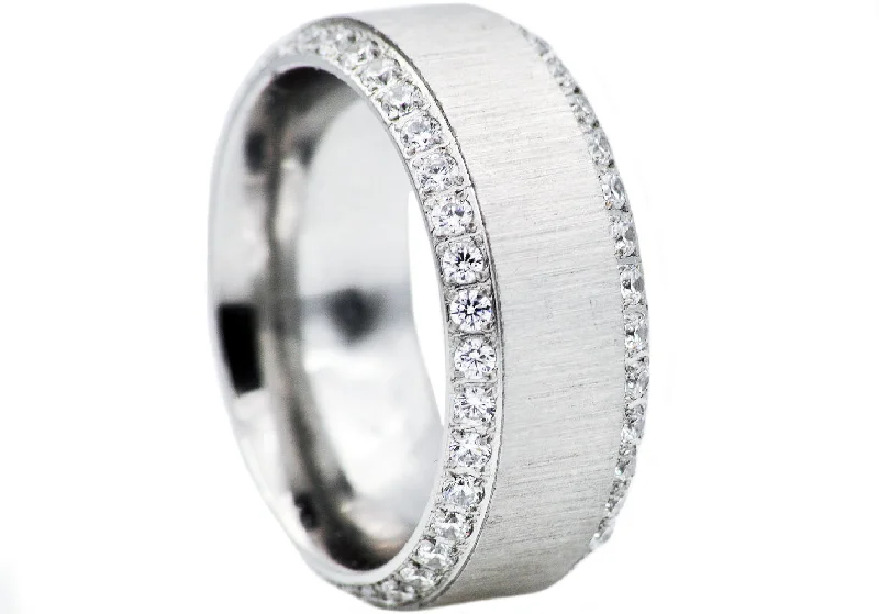 Matching Promise Rings-Mens Stainless Steel Band With Cubic Zirconia