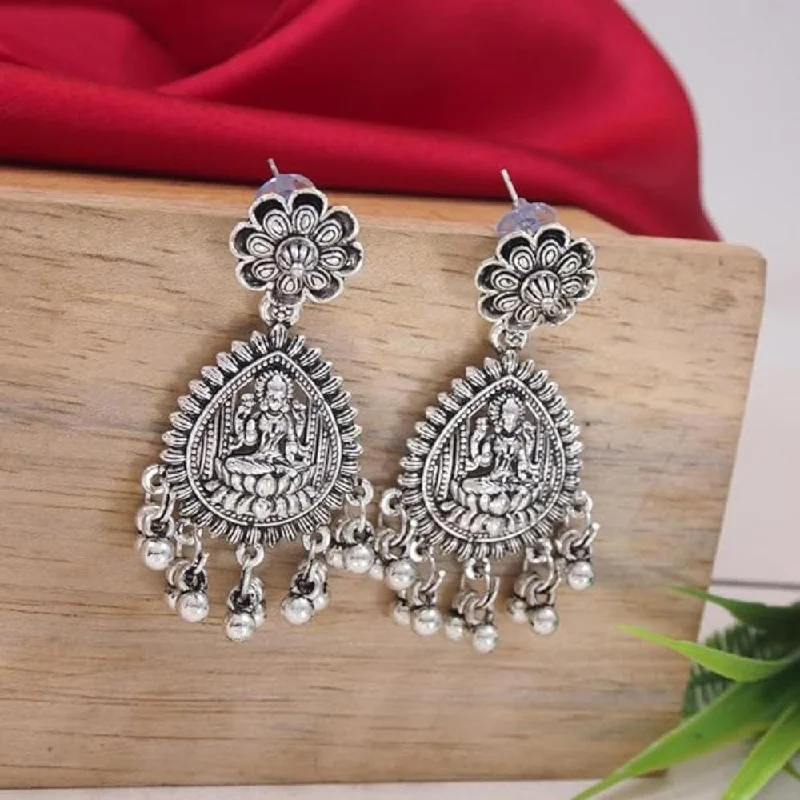 Statement Earrings for Weddings-Etnico Navratri Ethnic Silver Oxidised Afghani Style Floral Design Temple Earrings For Women (E3224OX)